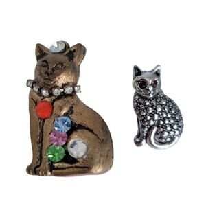 Vintage Small Cat Pins Antique Gold Rhinestone Silver Marcasite Style Set of 2